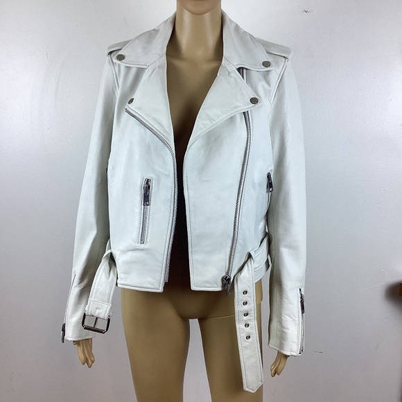 AQUA KELSEY LEATHER BELTED MOTO JACKET ASYMMETRICAL ZIP Bone Sz M - Picture 6 of 7